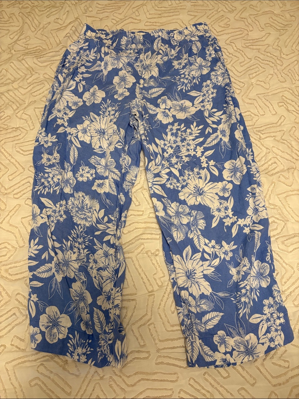 Linen blue floral culotte cropped pants breezy